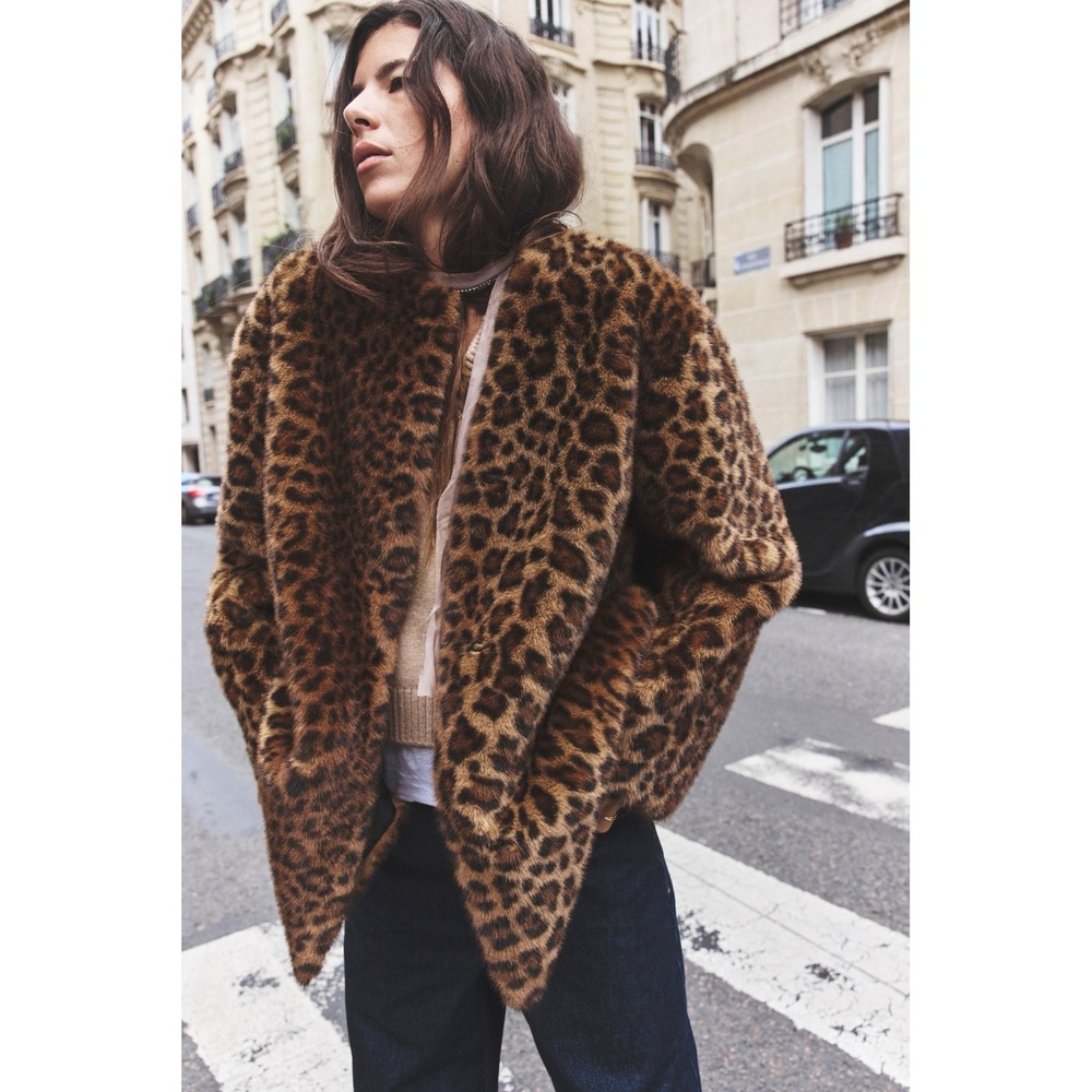 ZARA Leopard Animal Print Faux Fur Coat Jacket Medium Hook Front Lined Medium